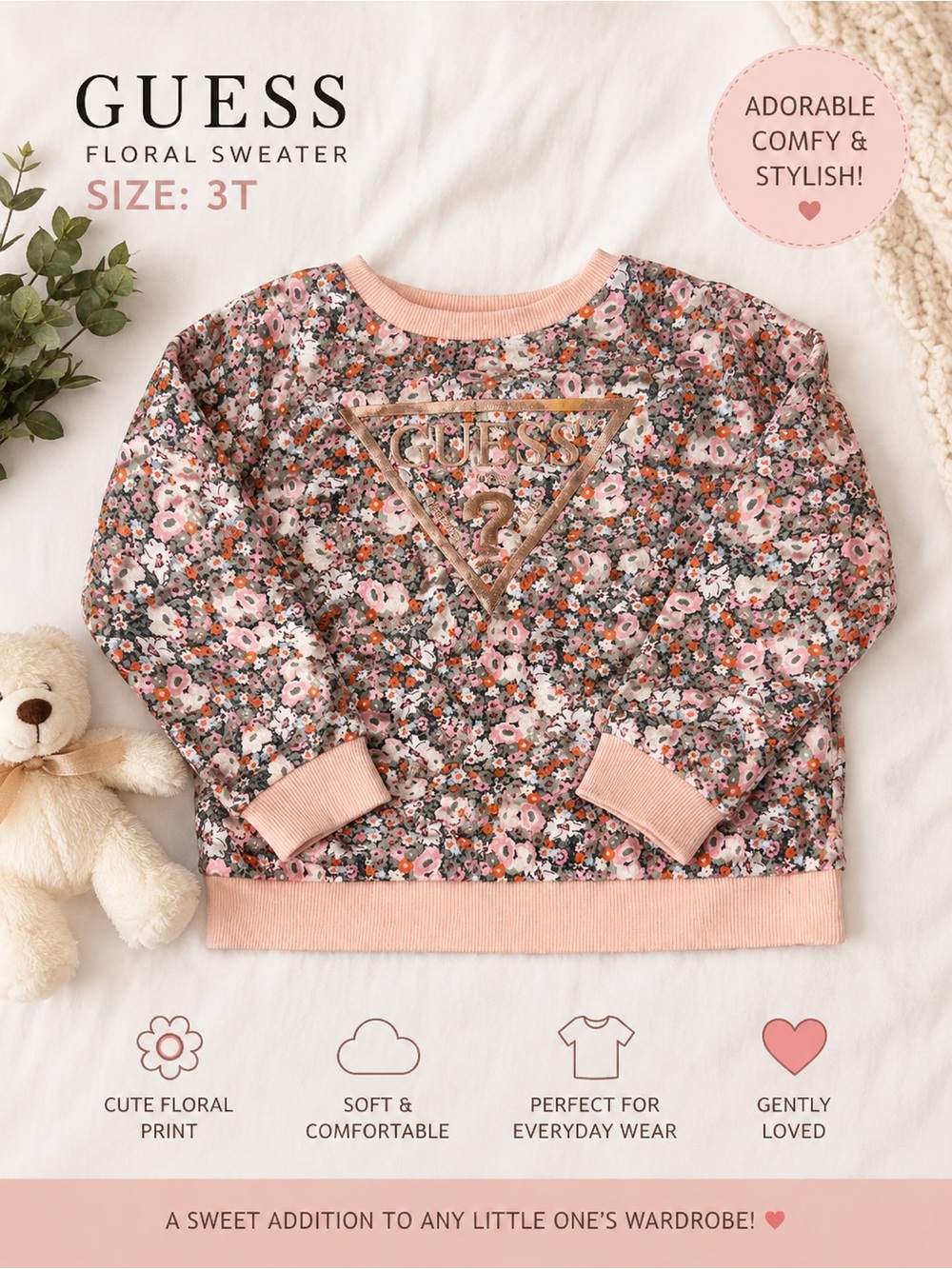 GUESS Floral Logo Sweatshirt Size 3T Pink Cozy Toddler Sweater